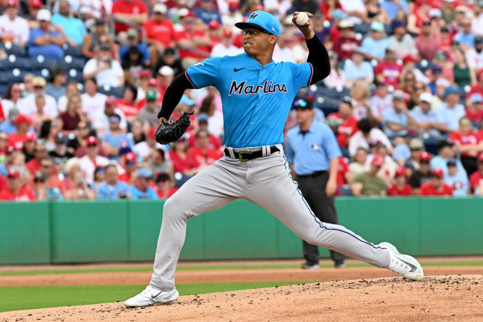 Mar 1, 2024; Clearwater, Florida, USA; Miami Marlins pitcher Jesus Luzardo (44) throws a pitch in the first inning of the spring training game against the Philadelphia Phillies at BayCare Ballpark.
